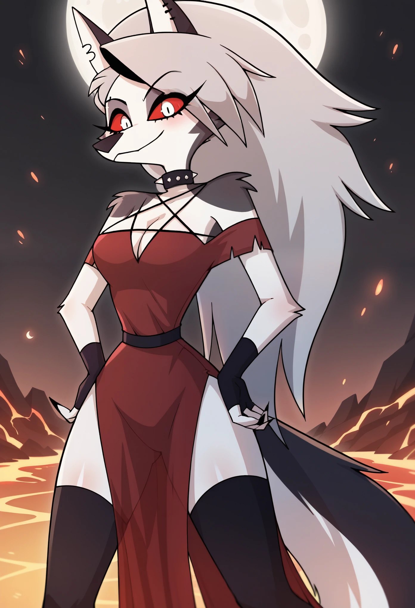 score_9,score_8_up,score_7_up, Anthro, death from (puss in boots the last wish), Anthro wolf, white wolf, red eyes, black sclera, female, bald, fur head, tall and slender, hourglass figure, breasts wrapped in bandages, white loin clothe, in a dark forest, seductive pose