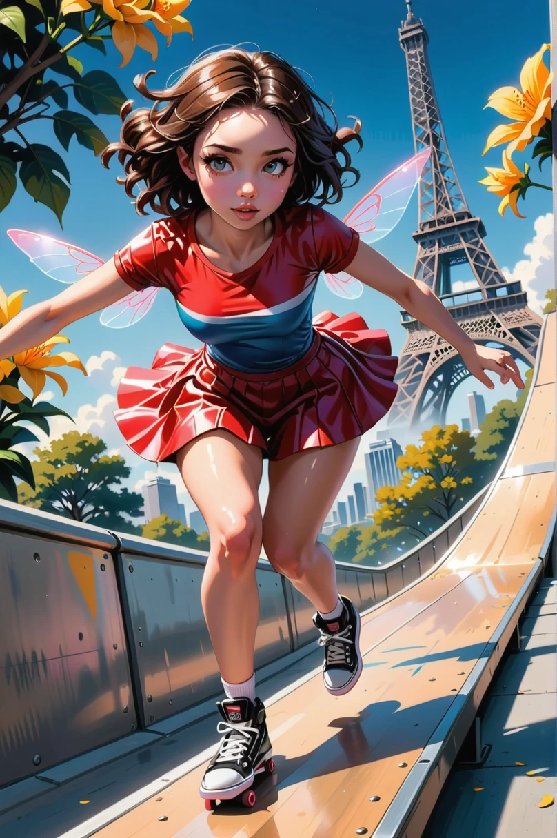 Digital illustration inspired by the style of Rossdraws, where a female skateboarder jumps down a staircase in a kickflip, capturing the feeling of adrenaline in the air. Her beautiful detailed eyes and lips stand out, as does her medium brown skin tone. On her back, translucent fairy wings with delicate patterns and a soft glow, made as if from stardust, add a magical touch to the scene.
She wears skateboarder clothing, including a stylized helmet with colorful graphics, a loose-fitting t-shirt, baggy pants ripped at the knees, and worn-out skateboard shoes. All around, an Olympic-style skate park stretches, a challenging terrain with urban obstacles like handrails, stairs, ledges and ramps, decorated by gardens and flowers that create a visually stimulating setting.
In the background, the Eiffel Tower emerges against a late afternoon sky lit by the setting sun. Vibrant colors and dramatic shadows contribute to a photorealistic 8K image, captured with a wide-angle fisheye lens.