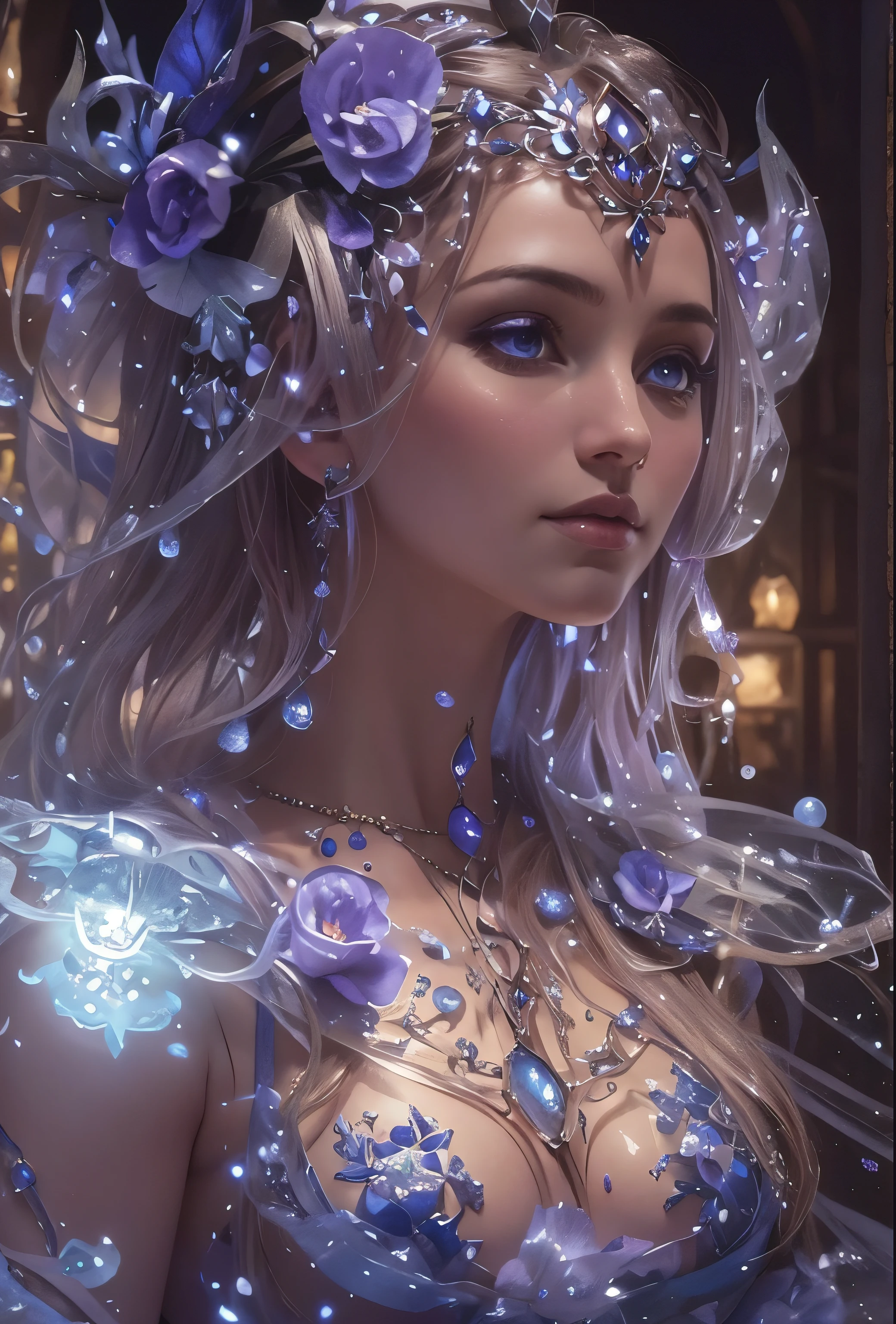 Realism, painting, Fantastic fairy tale, fantastic style, John Tolkien style, small painting by Jean-Baptiste Mo, Close-up. Diamonds + glass beads +beads+ filigree jewelry+ Lush large open female bust + lack of clothes + sensual princess Rapunzel + + the thinnest transparent lavender tulle, with a lively natural structure of dry skin and pores, mystical morning lighting, a book image in the RPG genre, an image from "Dungeons and Dragons", a fantasy image.