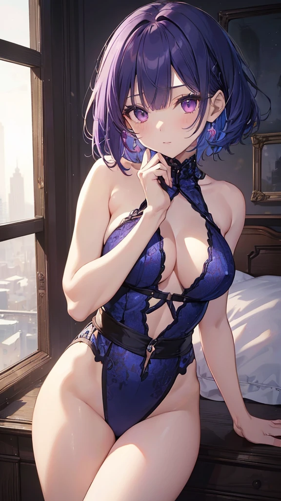 (((very detailed:1.3))), Intricate iris details, attractive eye reflection, stand out highlights, Pupil depth and three-dimensional effect, Subtle color changes in the iris, Even the details of the eyelashes are carefully finished.., Pupil depth and three-dimensional effect, ⓪Action:(arms behind head: 1.0), 足をlargeげる, lied, ①Quality:masterpiece, 8K, very detailed CG, very detailed, (((perfect hands:1.2))), (((complete anatomy:1.2))), 1 girl, beautiful face: 1.1, ②Lighting:bright lights, moody lighting, natural light, best lighting, Part 3: , beautiful breasts, shiny hair, floating hair, shining eyes, happy, detailed face, good eyes, Skin Detail ④ Style: Vigor, shape, (), ⑤Topic:(Toru Asakura: 1.3), (Short hair: 1.3), (split bangs: 1.3), (blue hair、gradient hair、colorful hair、split bangs、purple hair), ⑥Environment: bedroom,penthouse, suite room, large々double bed, (럭셔리 bedroom: 1.3), 7Architecture:whole body, looking at viewer, very large shot, from below, 9Other:(waiting for a kiss、tight waist、slim body、small head、body with seven heads, beautiful feet, The beauty of the scaffolding),she'I'm only wearing a big blouse,pussy,No panties,leaking semen