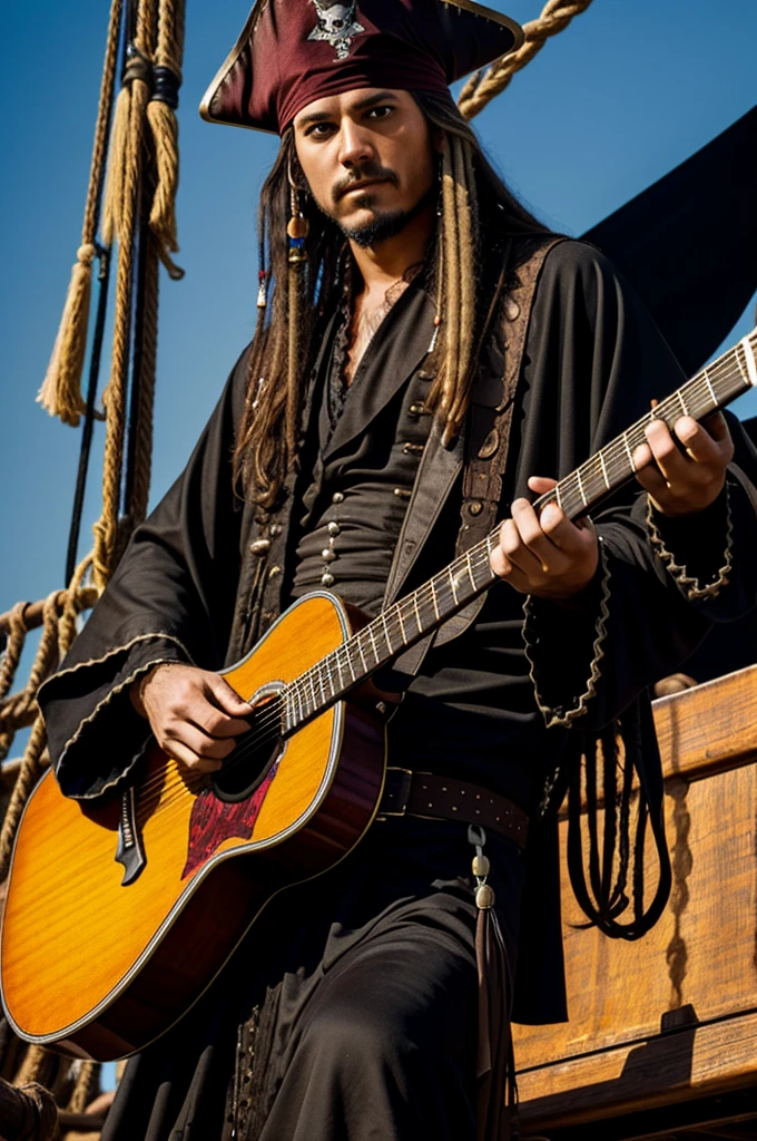 A guitarist with dark robe and long hair on a pirate ship. 