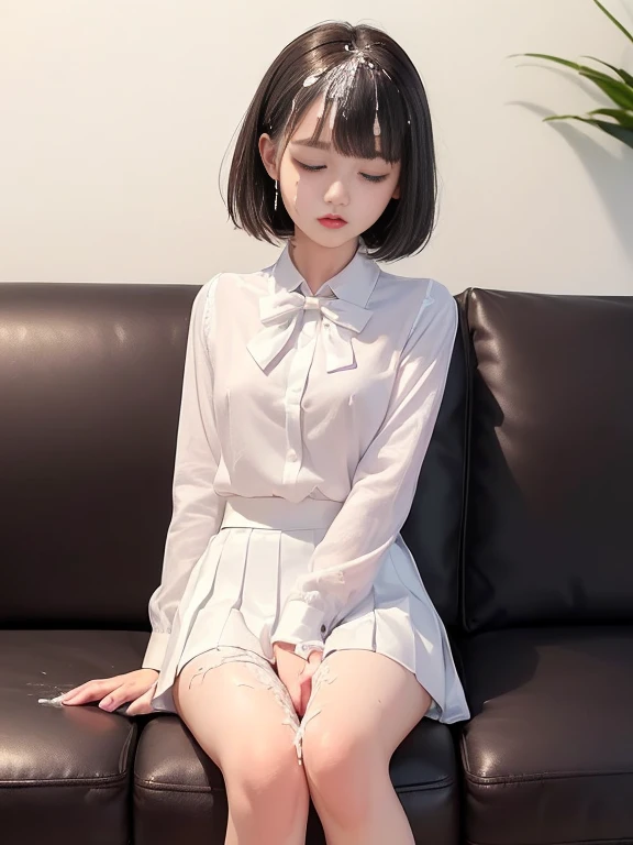 (masterpiece、Highest quality:1.7)、(:1.5)、(Full body shot:1.5)、Bobcut、Black Hair、85mm、16K、Official Art、RAW Photos、Best Beautiful Faces、Close-up、Violet、Gardenia、The best beautiful girl、very cute、Red blush on cheeks、indoor、(Sit on the couch:1.8)、Film Grain、Chromatic Aberration、Sharp Focus、(((Nice hands、Perfect hands、Perfect Fingers、A perfect body without flaws)))、Detailed face、(Slender body:1.5)、(Slender body:1.4)、(Small breasts:1.8)、(Let your bangs hang down:1.8)、(Blushing:1.8)、(Low contrast lighting:1.2)、(White tight business blouse with collar:1.5)、(White bow tie blouse:1.3)、(Long sleeve: 1.3)、(White pleated mini skirt:1.5)、(White School Socks:1.5)、(Eyes closed:1.5),(Holding my arms over my chest:1.5),(Hands in crotch:1.5),(A lot of cum on clothes:1.8)