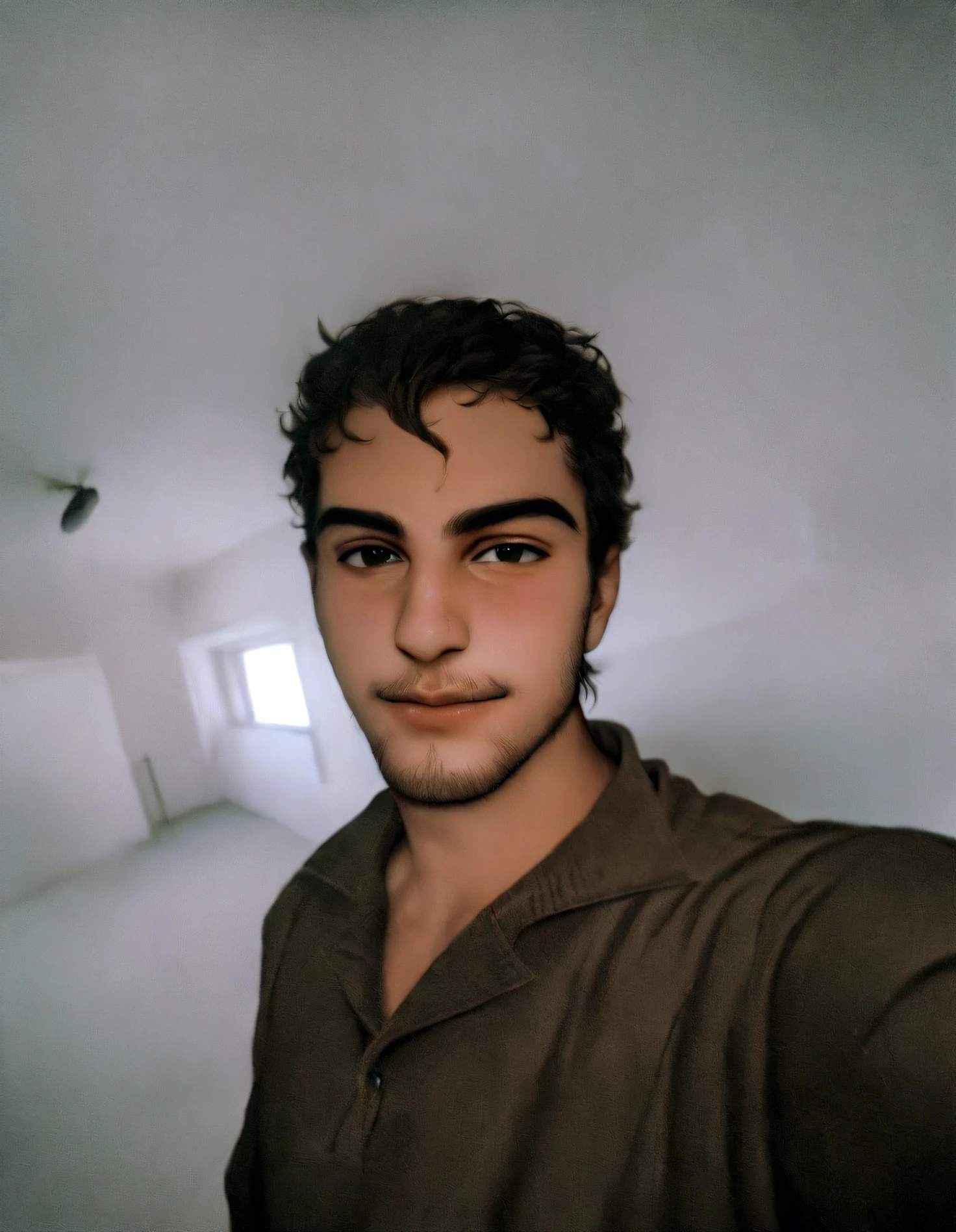 trimmed man in a brown shirt in front of a white wall, about 19 years old, Mohammed Chahin, emad mostaque, atef., Ismail, amr elshamy, sayem reza, selfie shot, 18 years old, caio santos, Riyad Cassim, very low quality image, Ahmad Merhab