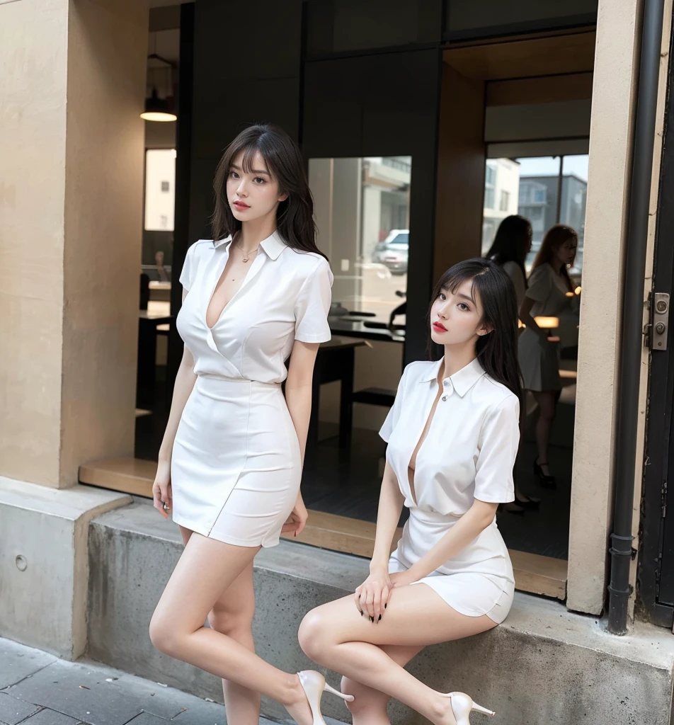 Highest quality、masterpiece、、Very detailed、Realistic、(Two Girls)、(Looking at me with a smile:1.5)、whole body、Small face、Narrow shoulders、(Big Breasts:1.1)、Thin and beautiful legs、Tight and slim waist、A tight-fitting dress with buttons and a collar