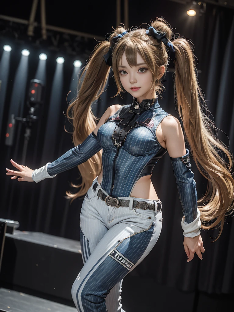 (Full Body View:1.4)、(Side view:1.1)、(Smiling with teeth showing:1.3),(Shibuya Gal:1.5)、(Beautiful Girl Sentai Heroine:1.3)、(Gothic ta style fashion:1.5)、(Punk RockVisual Kei:1.5)、(Wearing a rhythmic gymnastics bodysuit with intricate details:1.4)、(Racing suit and pants with intricate decorations in white, denim and charcoal:1.5)、(Denim and light blue and white boots:1.3)、((belt))、(Numerous delicate logo marks all over the costume:1.4)、(collar:1.3)、(Striped underwear:1.5)、20-year-old、NSFW、((Highest quality、In 8K、masterpiece:1.3))、Sharp focus:1.2、(Layered Cut、Huge boobs:1.1),Beautiful woman with perfect figure:1.4、(Dancing vigorously:1.3)、Slender Abs:1.2、Highly detailed face and skin texture、Detailed eyes、double eyelid,(Twin tails:1.3)、(Brown-golden hair:1.3)、Gravure idol、(The background is the stage of the fashion show:1.3)、(Slim body:1.3),(Make your legs thinner:1.4),(clavicle:1.1)、(Thin and slim thighs:1.3)
