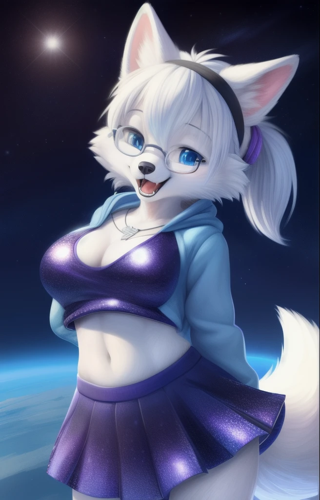 Highest quality, masterpiece, peacewolfblue, Costume, Fox, White fur,space, performer, Happy, Open your mouth, teeth, smile, Capture the audience, Honoy Hioshiru Personal Ami,tail,Pink Ears, (Head portrait), Pause, outside,Humanity, blue eyes, Alone,(hair tuft),student, Blue frame glasses, hair, high ponytail, hairband, hair tie, purple | Blue gradient crop top hoodie, purple shoulders, jewelry, blue eyes, Humanity, Furry, hair glitter, Cleavage, U, cute, cute, young, Open your mouth, necklace, Tight sequin skirt, (Underbust:1.2), light blue thighs