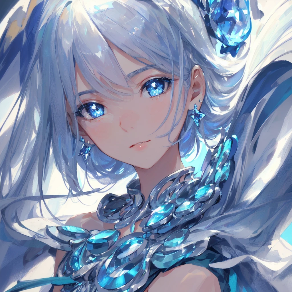 masterpiece, best quality, illustration, sax blue, platinum earrings, platinum necklace, white dress, 1girl, cute, (dynamic lighting:1.2), cinematic lighting, delicate facial features, detailed eyes, sharp pupils, realistic pupils, depth of field, bokeh, sharp focus, (hyper-detailed, bloom, glow:1.4), many small gems