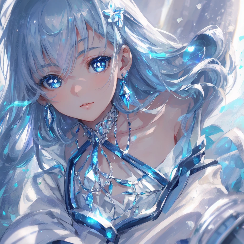 masterpiece, best quality, illustration, sax blue, platinum earrings, platinum necklace, white dress, 1girl, cute, (dynamic lighting:1.2), cinematic lighting, delicate facial features, detailed eyes, sharp pupils, realistic pupils, depth of field, bokeh, sharp focus, (hyper-detailed, bloom, glow:1.4), many small gems