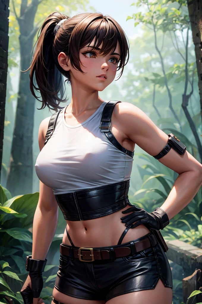 a girl with short brown hair in a ponytail, golden eyes, tanned skin, no visible breasts, wearing a leather harness, a white sleeveless t-shirt, black shorts, and a leather belt, in a night forest setting, high quality, detailed, photorealistic, 8k, masterpiece, cinematic lighting, moody atmosphere, dramatic shadows, vibrant colors