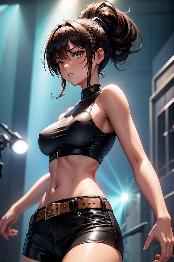 a age girl with short brown hair in a ponytail, golden eyes, tanned skin, no visible breasts, wearing a leather harness, a white sleeveless t-shirt, black shorts, and a leather belt, in a night forest setting, high quality, detailed, photorealistic, 8k, masterpiece, cinematic lighting, moody atmosphere, dramatic shadows, vibrant colors