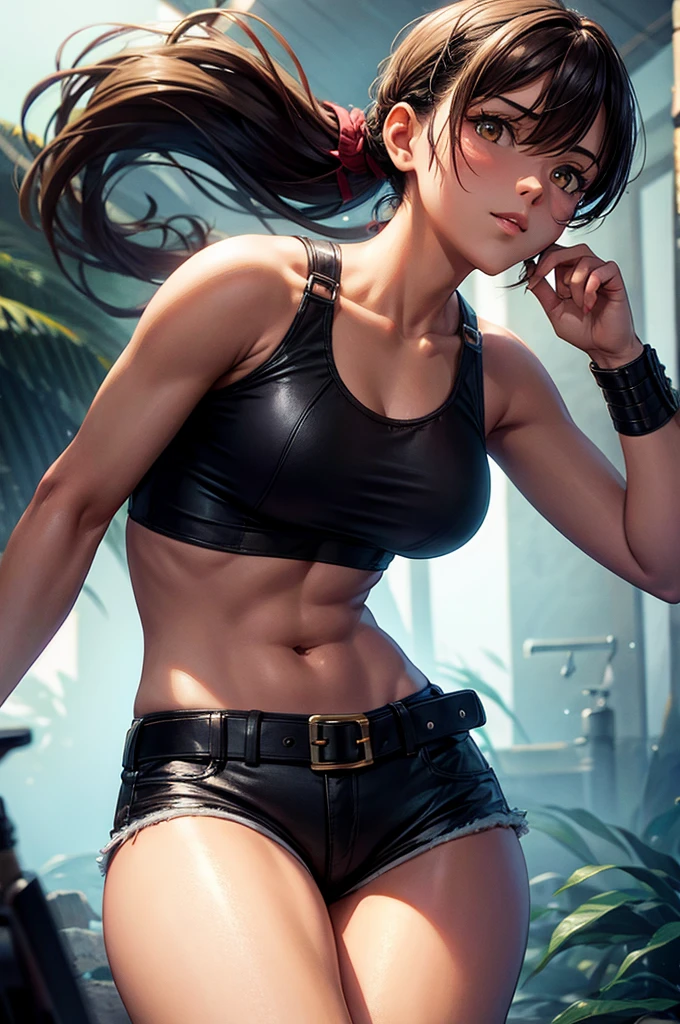 a  girl with short brown hair in a ponytail, golden eyes, tanned skin, no visible breasts, wearing a leather harness, a white sleeveless t-shirt, black shorts, and a leather belt, in a night forest setting, high quality, detailed, photorealistic, 8k, masterpiece, cinematic lighting, moody atmosphere, dramatic shadows, vibrant colors