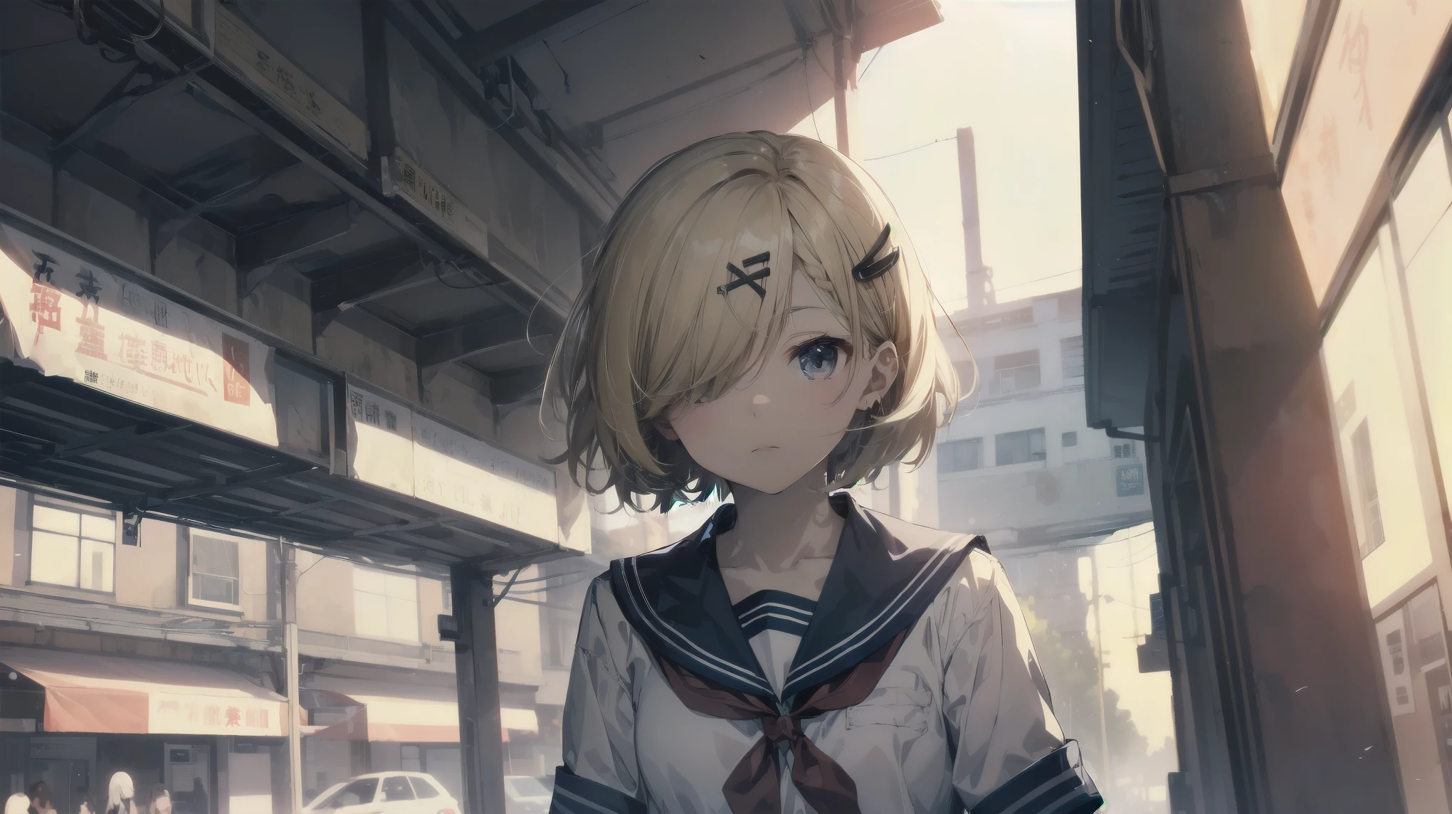 Highest quality, Anime Moe Art Style,Best Anime 8K Konachan Wallpaper,pixiv contest winners,Perfect Anatomy, (Please draw a girl walking sleepily to school..... ),break, 1 Girl, (alone,,,:1.3),high school student, short hair, amount, (Hair above one eye:1.7),All limbs, Full Finger,Medium Chest, Between the legs, Small eyes,accurate black eyes, Hair Clip, (Sailor suit:1.5),(school uniform:1.5) skirt,On the way to school. break,Very detailed,High resolution,Ultra-Dense Skin, Professional Lighting,8K eye detail, (Cute illustrations:1.2),blonde,blonde hair,Expressionless,(Hair on one eye:1.5),Sailor suit