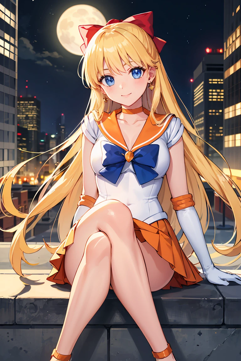 masterpiece, Highest quality, High resolution, Venus 1, One girl, alone, Sailor Warrior Uniforms, Sailor Venus, aino minako, Blonde, Magical girl, blue eyes, Orange Skirt, Elbow hand pockets, tiara, Pleated skirt, Hair Ribbon, Orange sailor collar, mini skirt, choker, Red Bow, orange choker, White gloves, Very long hair, jewelry, Earrings, Sitting, Crossing your legs,City lights,moon,Night view,smile