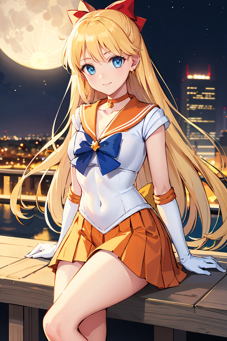 masterpiece, Highest quality, High resolution, Venus 1, One girl, alone, Sailor Warrior Uniforms, Sailor Venus, aino minako, Blonde, Magical girl, blue eyes, Orange Skirt, Elbow hand pockets, tiara, Pleated skirt, Hair Ribbon, Orange sailor collar, mini skirt, choker, Red Bow, orange choker, White gloves, Very long hair,  jewelry,  Earrings, Sitting, Crossing your legs,City lights,moon,Night view,smile