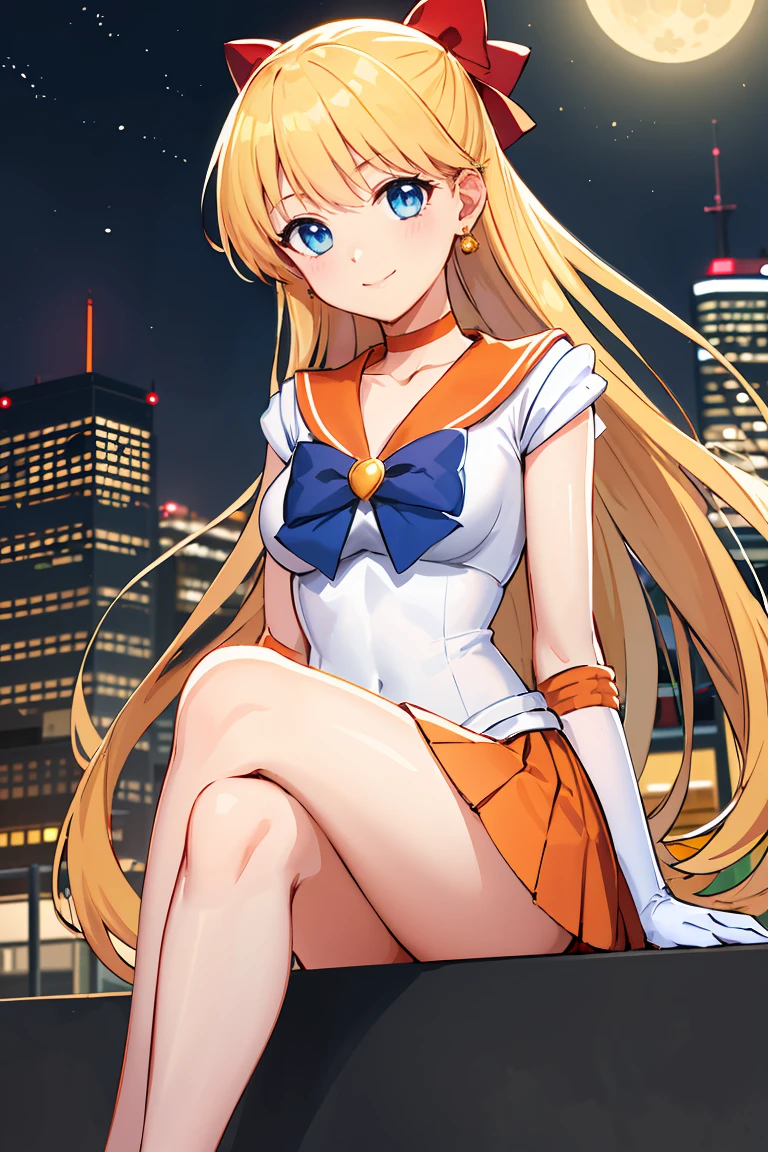 masterpiece, Highest quality, High resolution, Venus 1, One girl, alone, Sailor Warrior Uniforms, Sailor Venus, aino minako, Blonde, Magical girl, blue eyes, Orange Skirt, Elbow hand pockets, tiara, Pleated skirt, Hair Ribbon, Orange sailor collar, mini skirt, choker, Red Bow, orange choker, White gloves, Very long hair, jewelry, Earrings, Sitting, Crossing your legs,City lights,moon,Night view,smile