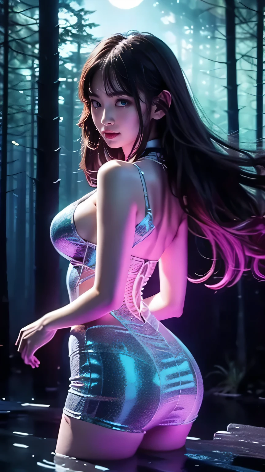 In a mystical forest illuminated by the light of a full moon, an Asian woman embodies the essence of a forest goddess. She stands alone and poses seductively with a gentle smile and sparkling eyes that hypnotize the viewer. Her body shines with skin like transparent glass, while her translucent skin and translucent hair shimmer like an ethereal mist. With large breasts and long white hair that runs down her back and reaches her waist, she appears as an ice sculpture in the dark forest. The night air is filled with an enchanting transparent + translucent slime that seems to emanate from her pores. Her hair flows like a silvery river, and as the camera pans out, the viewer sees an attractive woman surrounded by a hologram-like aura against the backdrop of the depths of a dark forest that seems to blur into infinity (depth of field: 1.3). The overall effect is an otherworldly beauty that seems to defy the laws of reality.