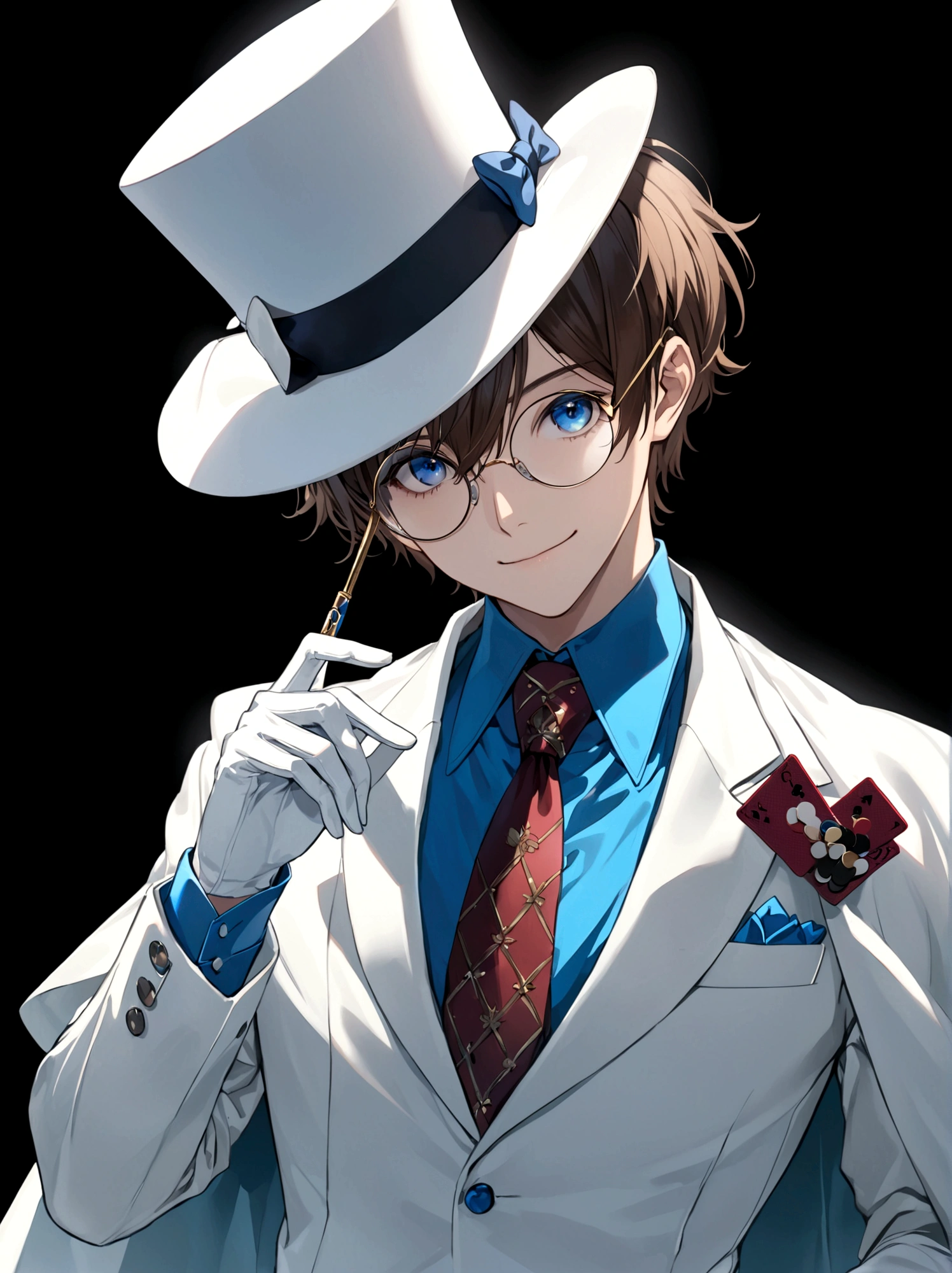 solo, looking at viewer, smile, short hair, bangs, blue eyes, simple background, brown hair, shirt, gloves, long sleeves, 1boy, hat, holding, closed mouth, jacket, upper body, male focus, necktie, collared shirt, white gloves, cape, white headwear, formal, white jacket, suit, blue shirt, red necktie, black background, top hat, adjusting clothes, poker, white cape, monocle, white suit