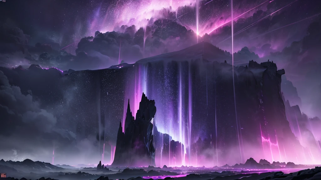a thunderstorm in nature, hot pink and purple auroras, hot pink thunder and lightning, raining, dark colors, (best quality,4k,8k,highres,masterpiece:1.2),ultra-detailed,(realistic,photorealistic,photo-realistic:1.37),concept art,fantasy,dramatic lighting,moody atmosphere,dramatic sky,cinematic,dark colors,midnight