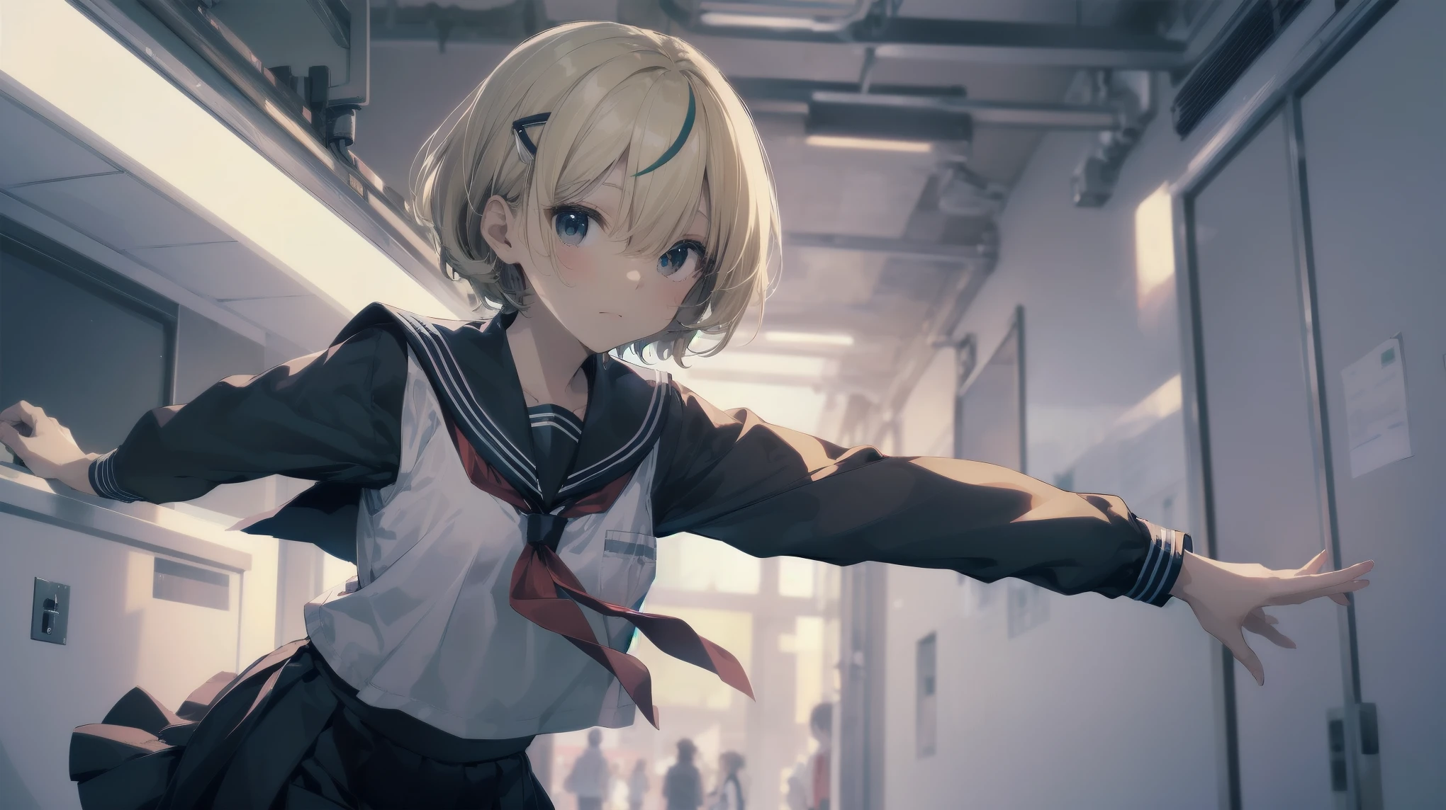 Highest quality, Anime Moe Art Style,Best Anime 8K Konachan Wallpaper,pixiv contest winners,Perfect Anatomy, (Please draw a girl walking sleepily to school..... ),break, 1 Girl, (alone,,,:1.3),high school student, short hair, amount, (Hair above one eye:1.7),All limbs, Full Finger,Medium Chest, Between the legs, Small eyes,accurate black eyes, Hair Clip, (Sailor suit:1.5),(school uniform:1.5) skirt,On the way to school. break,Very detailed,High resolution,Ultra-Dense Skin, Professional Lighting,8K eye detail, (Cute illustrations:1.2),blonde,blonde hair,Expressionless,(Hair on one eye:1.5),Sailor suit