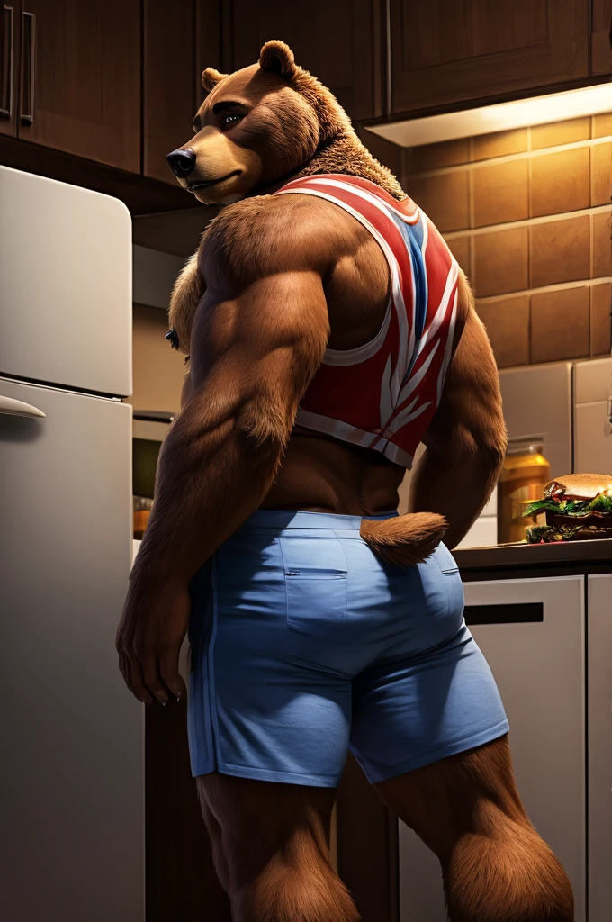 A bear has brown fur, he also wears blue shorts with red and white stripes and damaged athletic sneakers, at kitchen, hungry, raid the fridge, anthro bear, male, adult, brown fur, buffed body, eating burgers at fridge, sexy, beefy body, furred body, furry chest hair, realistic, full body, photorealistic, ultra realistic, 8k, night, bare-chested, in back turned posing, sexy butt, fluffy butt 