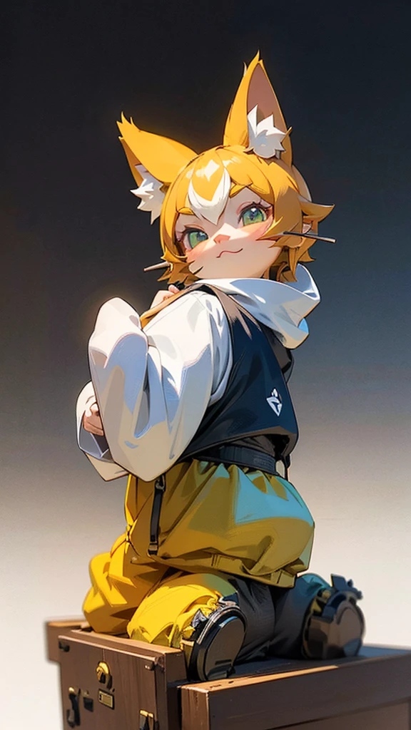 Cute cat with fluffy fur wearing one hoodie and headphones, The background is modern and inorganic, Adorable digital painting, 3D Rendering, Bright lighting, Vibrant colors,