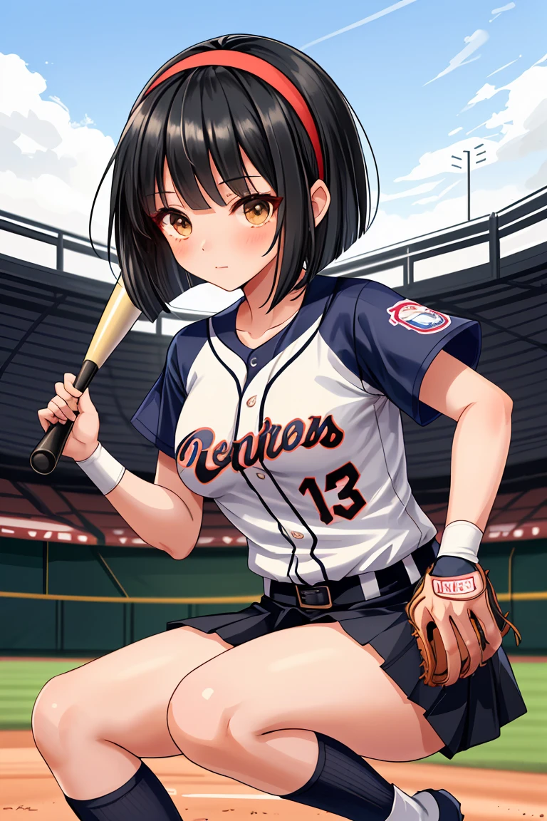 beautiful girl　Baseball club　Beautiful breasts　Black Hair　Short Bob　hair band　baseball Ground　mini skirt　Knee-high socks