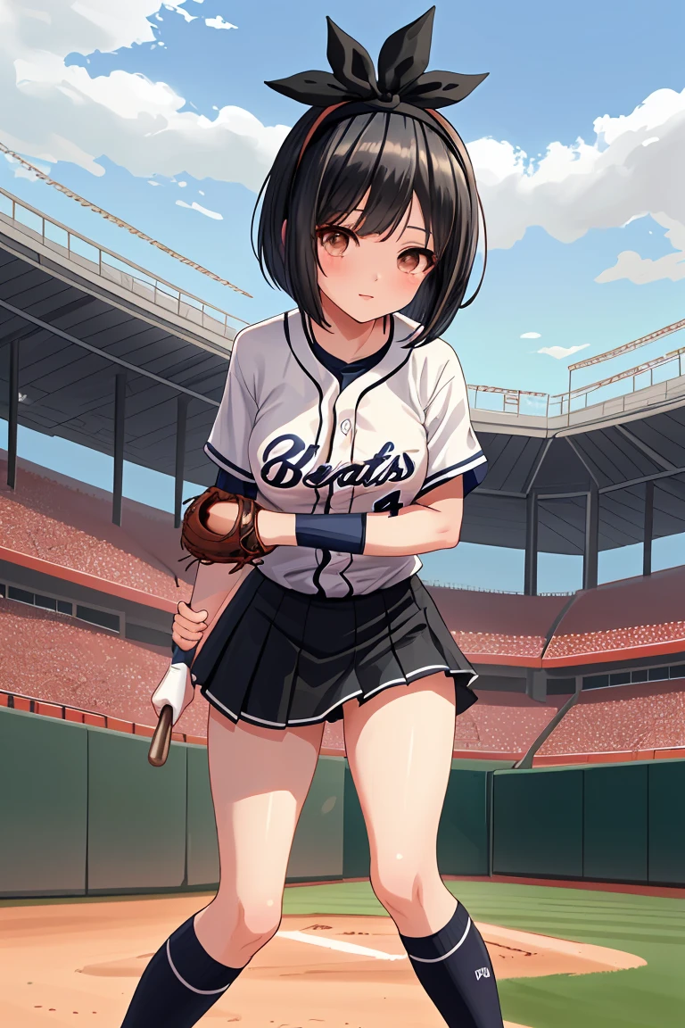 beautiful girl　Baseball club　Beautiful breasts　Black Hair　Short Bob　hair band　baseball Ground　mini skirt　Knee-high socks