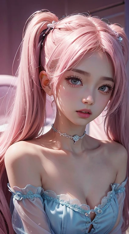 One girl,（Captivating quality：1.4），（Highest quality authentic textured skins), Delicate face,Pink twin tail hair, Perfect body：1.1），Heart-shaped choker、Long eyelashes,Clear eyes,Hyper Photorealism, Hyper HD, Tabletop，Keep dreaming，Please wear transparent silk pajamas,Fantasy Space，Pink Background,front,Closed Mouth,Dolly,anime