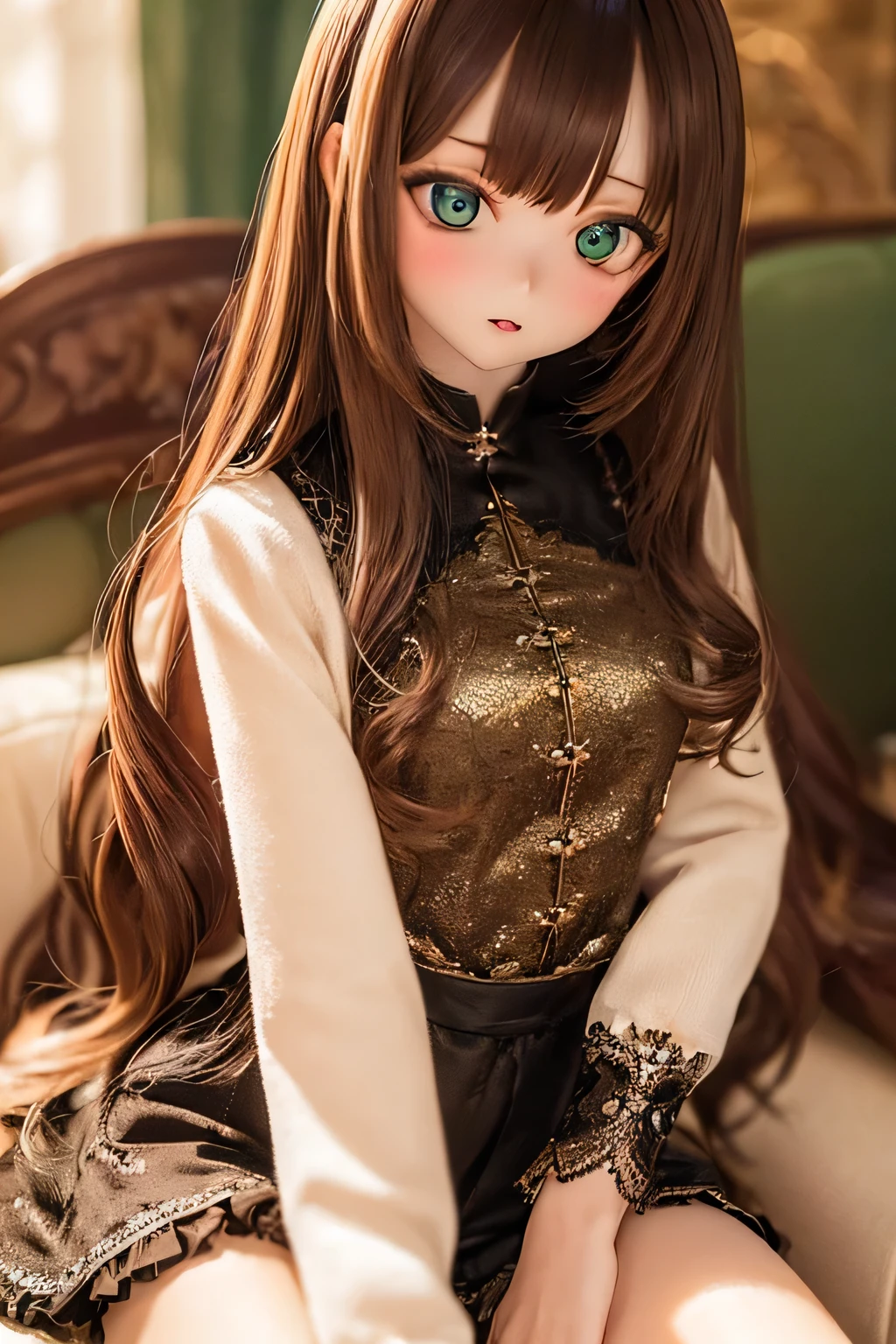 photorealistic, realistic photo, ((highest quality)), ((masterpiece)), detailed, kukolnydom, doll, (woman, 22yo, 22 years old:1.6), solo, (sitting on sofa, reclining on sofa, green eyes, brown hair, medium hair, wavy hair, parted lips, looking at another, skinny, slender, slim, blank eyes, empty eyes, detailed eyes, detailed face:1.3), blouse, castle, 8k