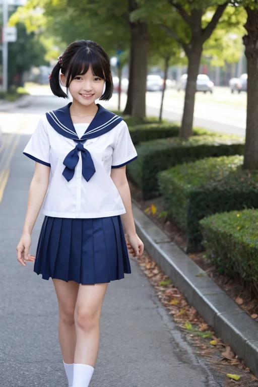 Real、High school girls、Sailor suit、Dark blue mini pleated skirt、、Small breasts、Bobcut、smile、Shiba Inu、stroll