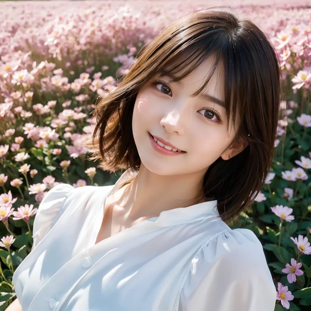 (highest quality,masterpiece:1.3,ultra high resolution),(Super detailed,caustics,8k),(photorealistic:1.4,RAW shooting),(girl lying in a flower field),(strong wind),(hair blowing in the wind),(Soaring petals),18-year-old,cute,Japanese,black short hair,look up at the camera with a smile,white blouse,(big ),bust up shot,(high position),(high angle),face focus,(face close up),bright light,Natural light,professional writing