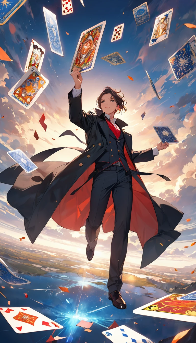 Magician in black trench coat,Tarot cards floating in the air,Tarot cards floating in the air