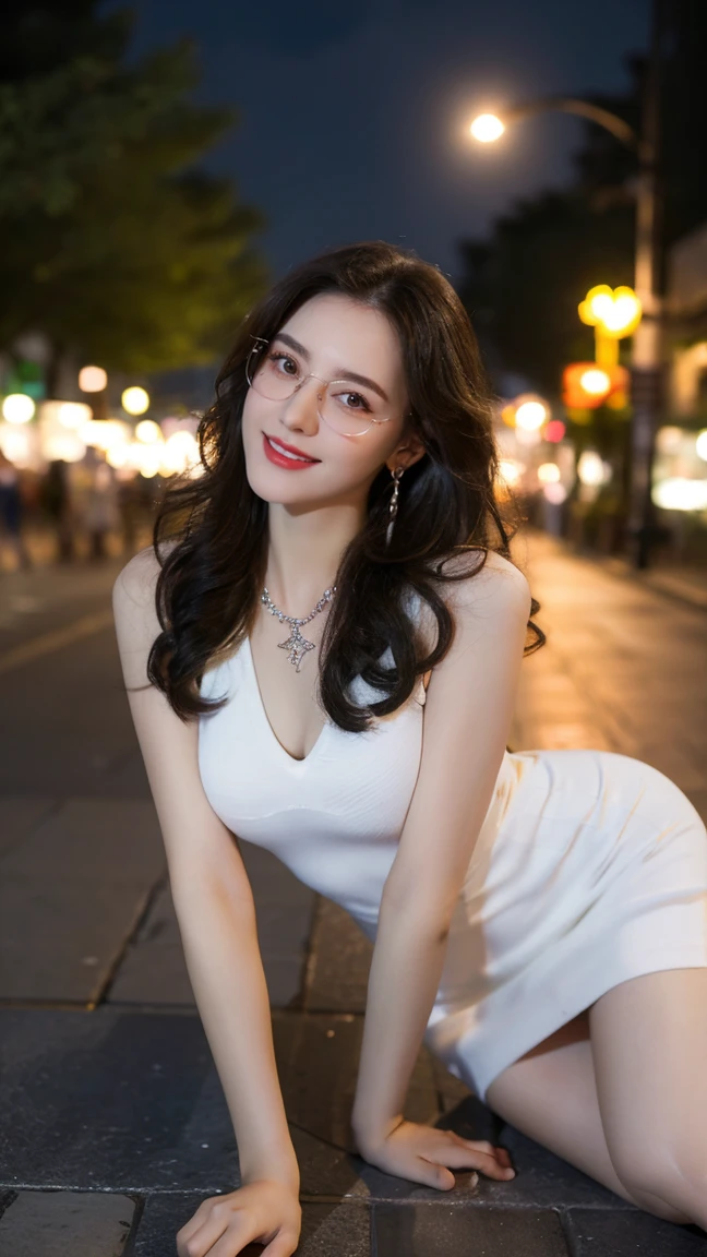 (Canon RF85mm f/1.2), (8K, original photo, best quality), (masterpiece), (Practical, photograph Practical), (Extremely detailed, High Detail, Best image quality, Very detailed, high resolution, Very detailed, Extremely detailed的描述, very good, Extremely exquisite and beautiful work), Beautiful and delicate girl, ((full body)), （（White pantyhose：1.3）），Dress conservatively，White Dress，((Perfect body)), Very detailed eyes and face, White skin, Noble and beautiful, ((Delicate skin texture, Pores)), Perfect anatomical structure, Beautiful Body, Delicate face, Lean abdominal muscles, Slim waist), Big Ass, (Large Breasts, Breast enlargement),  (Soulful gaze, soulful eyes, Glowing eyes), (Beautiful clear eyes), (Bounce Curly Messy Long Hair), (Smile:1.2), (Fascinated expression), (Beautiful appearance),  ((Bud)), ((wear glasses)), earrings, necklace, ((night)), ((Street View, moonlight)), Physically Based Rendering, Realistic lighting,  ((Looking at the audience)), ((eternal)), ((Happy and shy))
