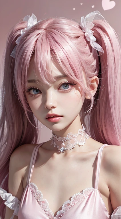 One girl,(Captivating quality:1.4),(Highest quality authentic textured skins), Delicate face,Pink twin tail hair, Perfect body:1.1),Heart-shaped choker、Long eyelashes,Clear eyes,Hyper Photorealism, Hyper HD, Tabletop,Keep dreaming,Please wear transparent silk pajamas,Fantasy Space,Pink Background,front,Closed Mouth,Dolly,anime