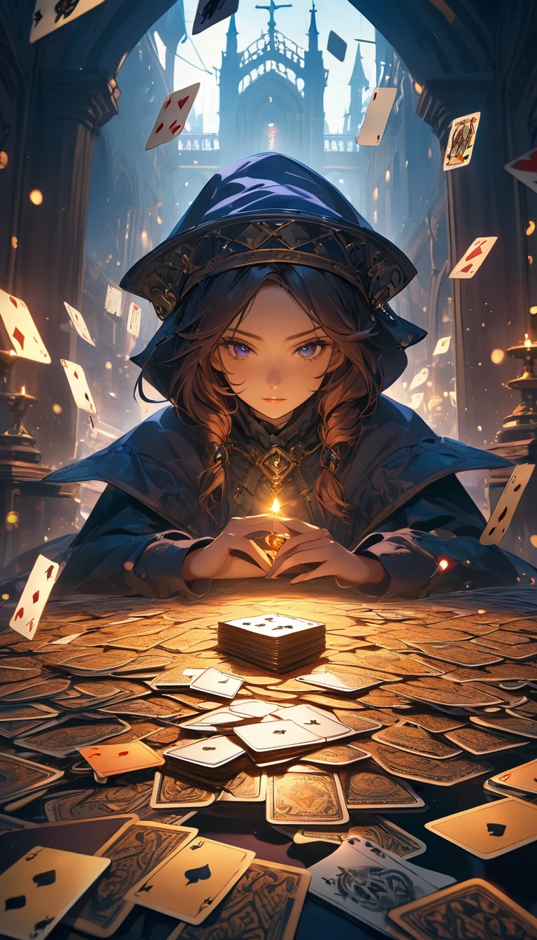 A floating card trick in a dark fantasy realm, cinematic lighting casting dramatic shadows, intricate details and a moody atmosphere, rich colors and a masterpiece-level photorealistic, highly detailed 8k HDR image.