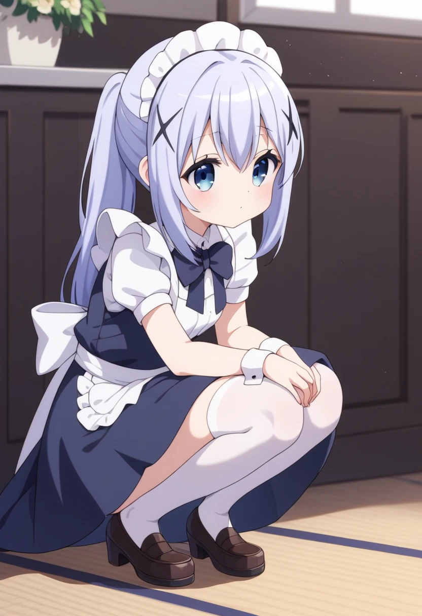 Score_9, Score_8_up, Score_7_up, Score_6_up, Score_5_up, Score_4_up, source_anime, 1girl, nsfw, maid, Kafu Chino, squatting, chibi, cumdrip, after anal