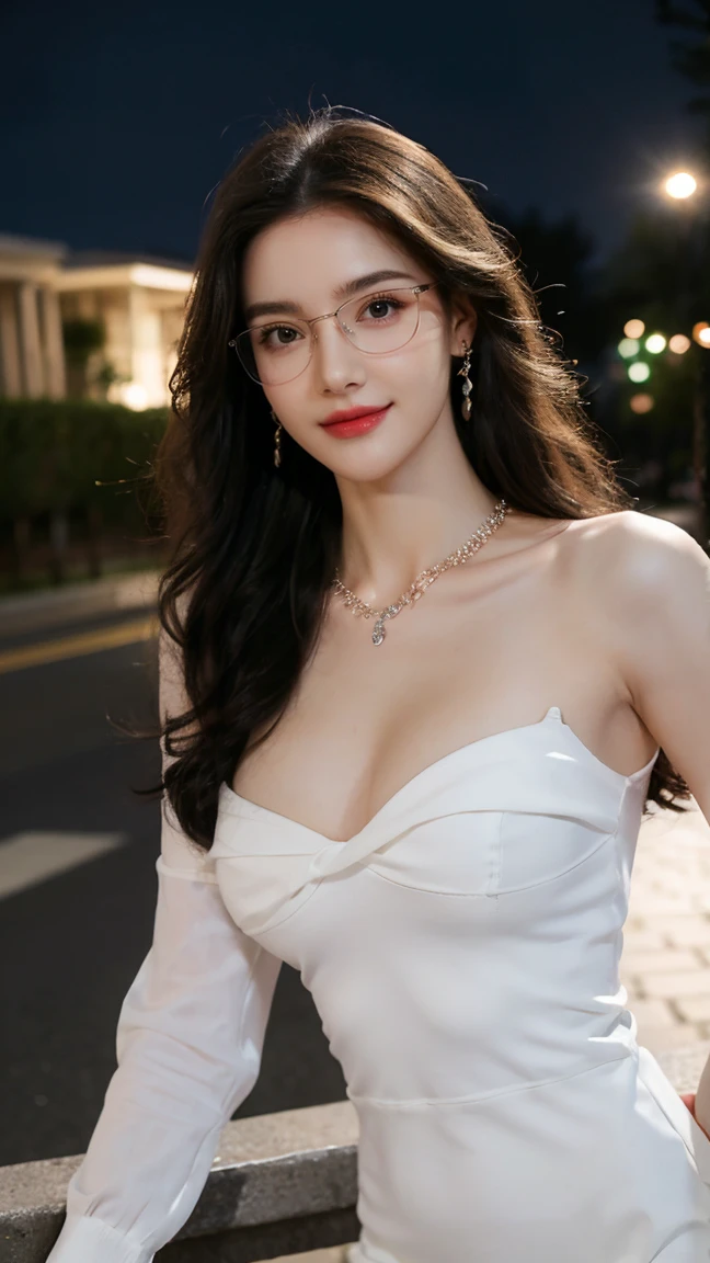 (Canon RF85mm f/1.2), (8K, original photo, best quality), (masterpiece), (Practical, photograph Practical), Beautiful and delicate girl, whole body, （（（Black pantyhose：1.3））），shirt，tie，dress，dress conservatively，((Perfect body)), Very detailed eyes and face, White skin, Noble and beautiful, ((Delicate skin texture, Pores)), Perfect anatomical structure, Beautiful Body, Delicate face, Lean abdominal muscles, Slim waist), Big Ass, (Large Breasts, Breast enlargement), (Soulful gaze, soulful eyes, Glowing eyes), (Beautiful clear eyes), (Bounce Curly Messy Long Hair), (Smile:1.2), (Fascinated expression), (Beautiful appearance), ((Bud)), ((wear glasses)), earrings, necklace, ((night)), ((Street View, moonlight)), Physically Based Rendering, Realistic lighting, ((Looking at the audience)), ((eternal)), ((Happy and shy))
