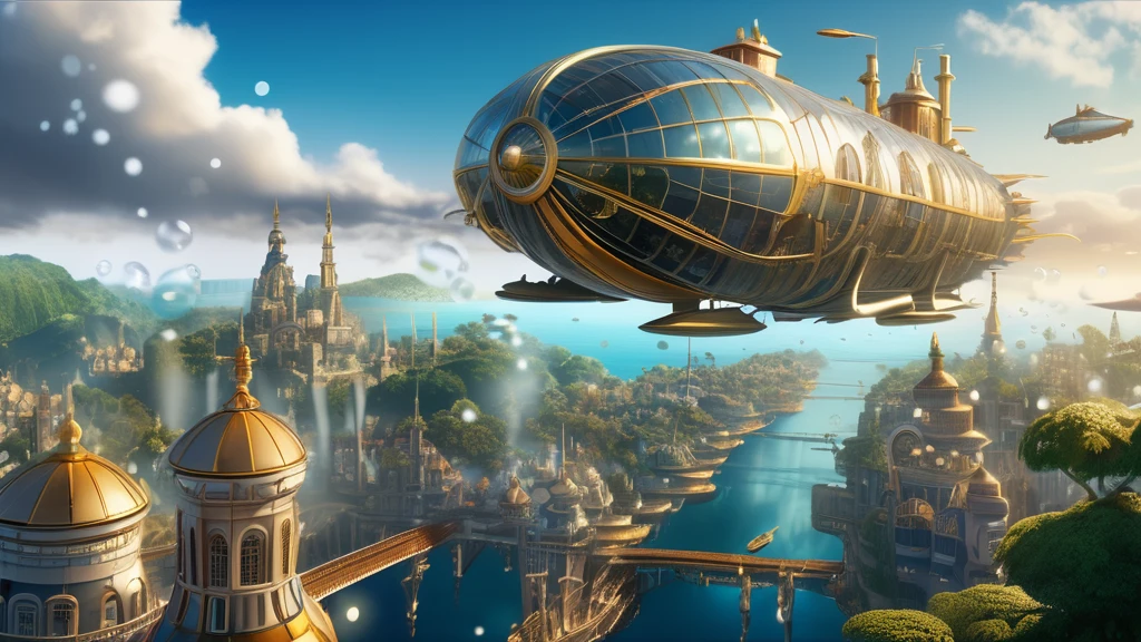 city;Floating in the air as bubbles, Fantasy World, Airship Battleship, Bright fantasy atmosphere, Ultra-high resolution, 8K, 16K, Fiji Films, Crazy Details,