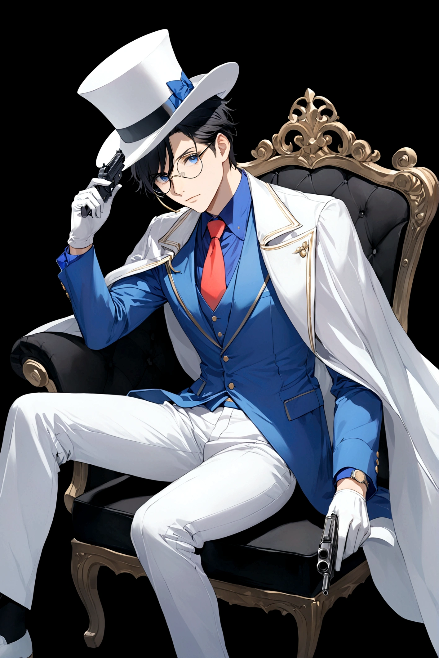 solo, blue eyes, simple background, shirt, black hair, gloves, 1boy, hat, holding, sitting, jacket, weapon, male focus, necktie, pants, white gloves, cape, gun, white headwear, formal, white footwear, white jacket, suit, blue shirt, red necktie, black background, holding gun, top hat, white pants, white cape, monocle, white suitsolo, blue eyes, simple background, shirt, black hair, gloves, 1boy, hat, holding, sitting, jacket, weapon, male focus, necktie, pants, white gloves, cape, gun, white headwear, formal, white footwear, white jacket, suit, blue shirt, red necktie, black background, holding gun, top hat, white pants, white cape, monocle, white suit