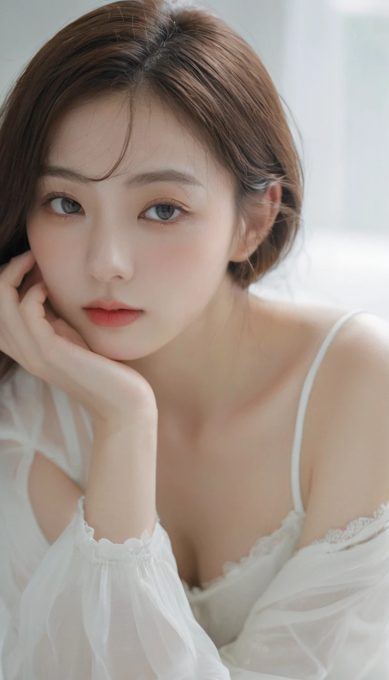 ((Top quality, 8k, Masterpiece: 1.3)), beauty, hidden face, 1 girl, beauty: 1.3, slender abs: 1.1, beautiful clothing, random hairstyle, (sitting on bed), ultra-detailed face, highly detailed lips, detailed eyes, double eyelids, exposed cleavage,