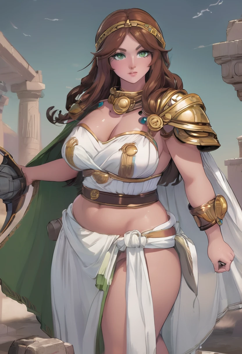 A white thick woman with big breasts and a curvy body, brown hair and green eyes wearing ancient Greek war clothes