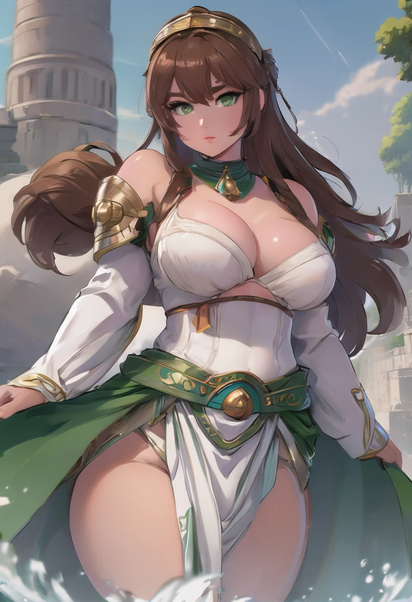 A white thick woman with big breasts and a curvy body, brown hair and green eyes wearing ancient Greek war clothes