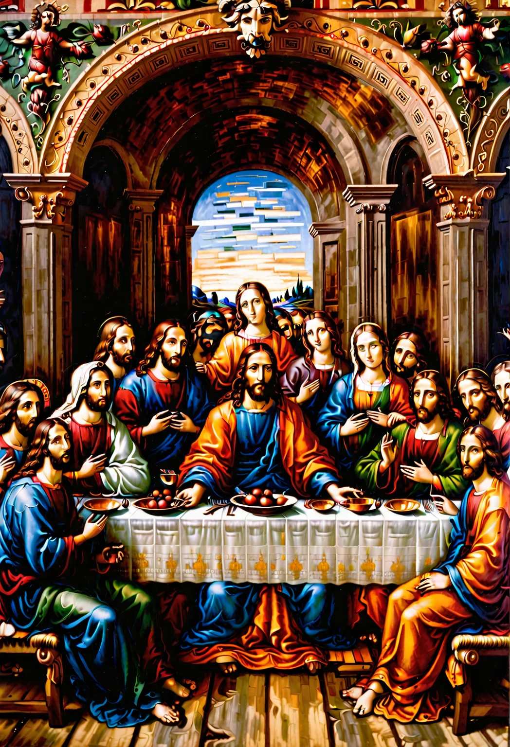 arafed painting of a group of people sitting around a table, last supper composition, last supper, the last supper, the last supper painting, called 'the last supper', !!posing_as_last_supper, renaissance religious painting, catholic religious art, religious painting, religious masterpiece portrait, renaissance religious art, late gothic religious paintings, last supper realistic robot