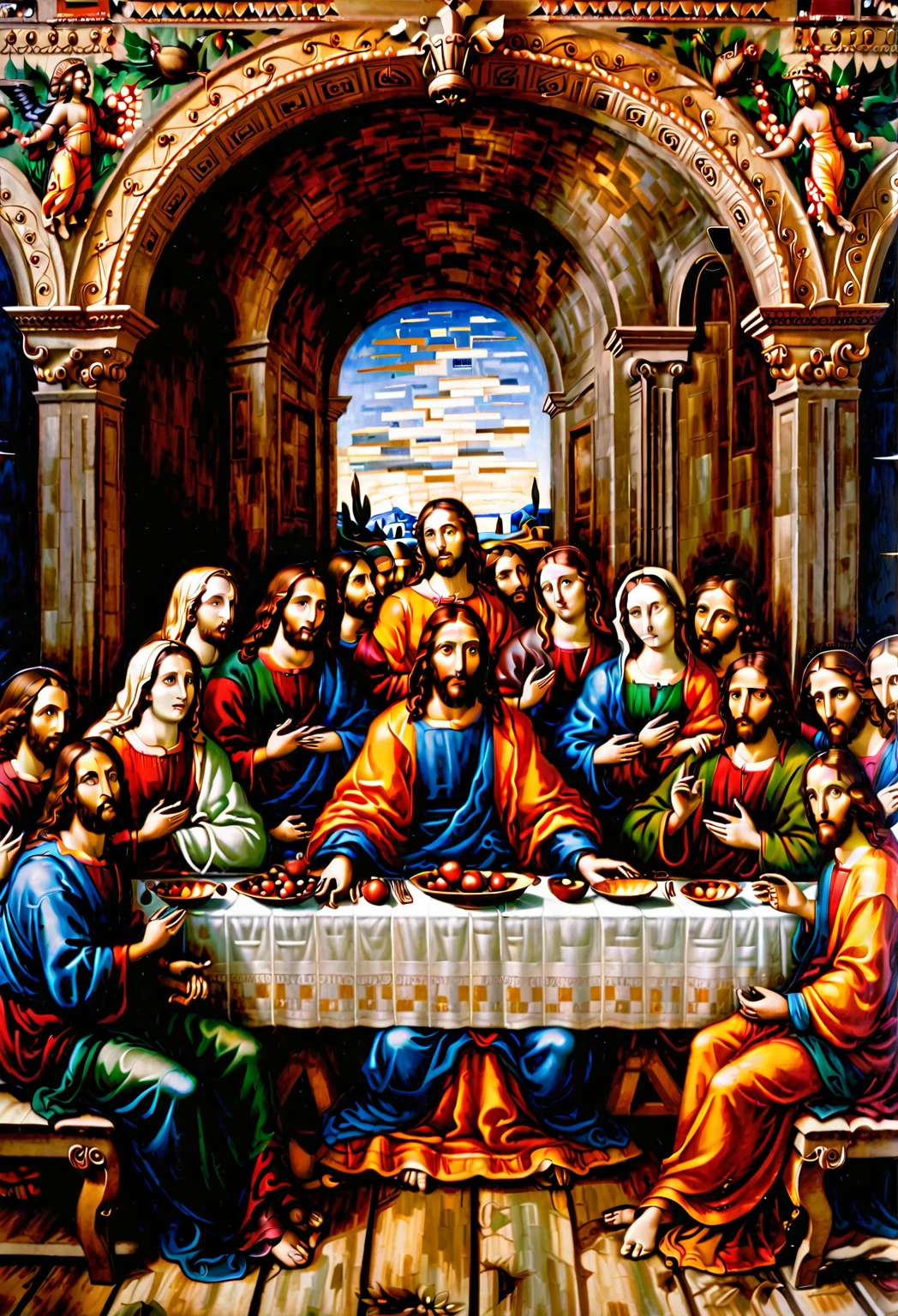 arafed painting of a group of people sitting around a table, last supper composition, last supper, the last supper, the last supper painting, called 'the last supper', !!posing_as_last_supper, renaissance religious painting, catholic religious art, religious painting, religious masterpiece portrait, renaissance religious art, late gothic religious paintings, last supper realistic robot