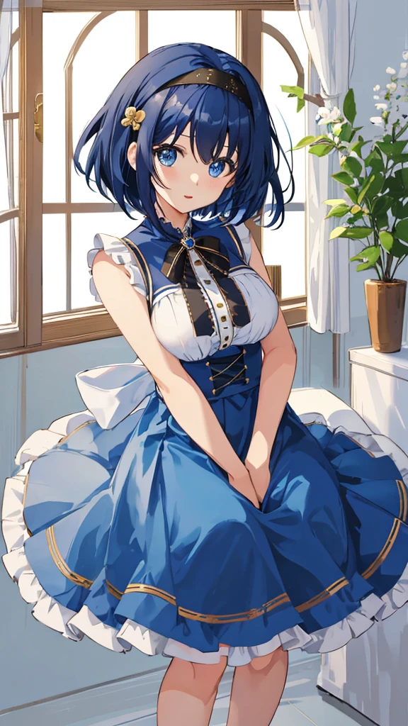 Highest quality、anime、solo、1 beautiful girl、Big Breasts、ribbon、Top、original character、short hair、Black Hair、Blue Hair、blue eyes、Beautiful woman、Sleeveless、mini skirt、Headband、night、Inside the room
