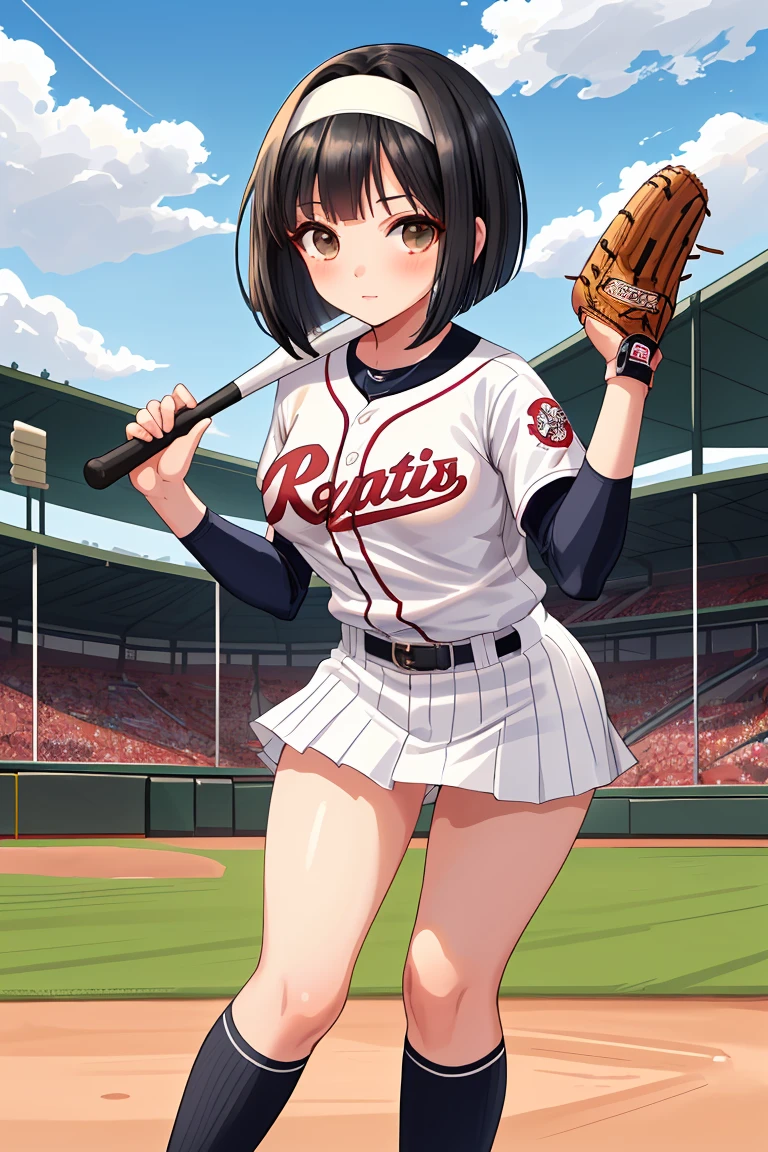 beautiful girl Baseball club Beautiful breasts Black Hair Short Bob hair band baseball Ground mini skirt White panties Knee-high socks