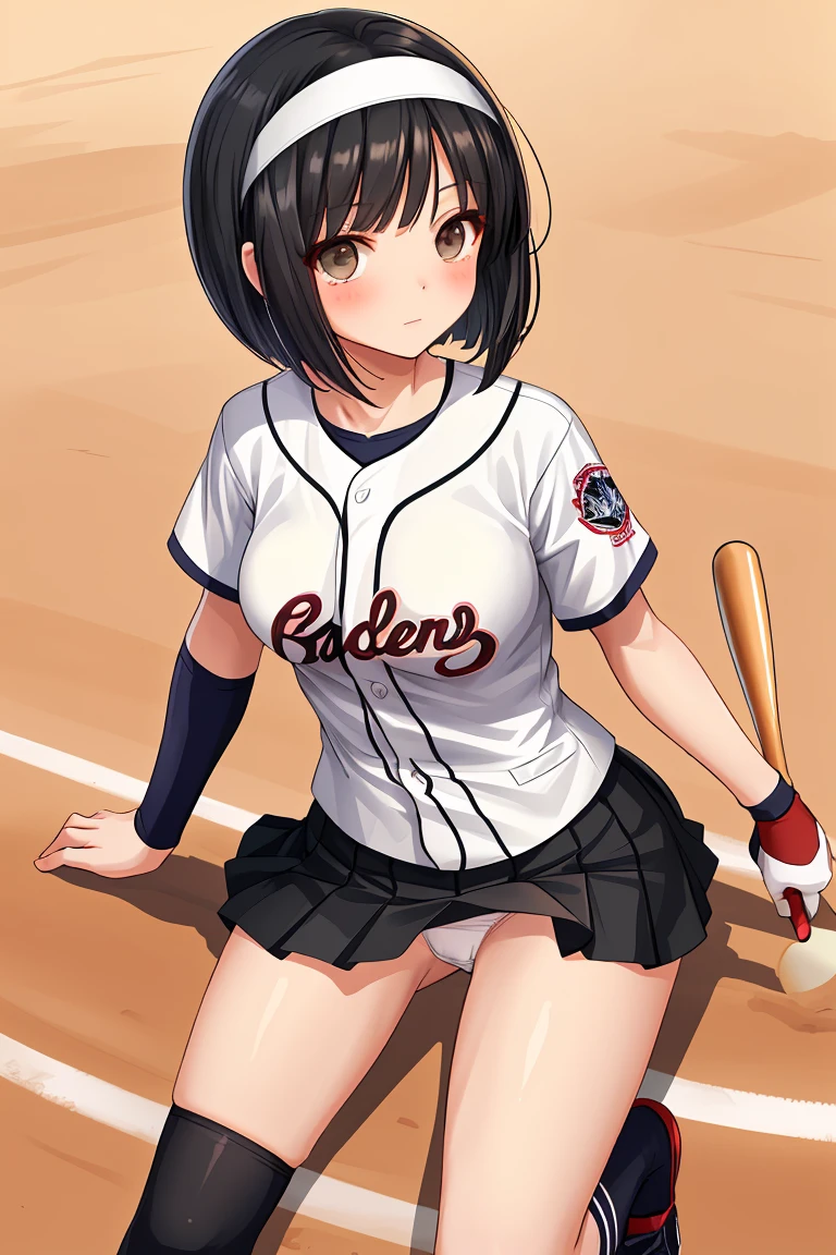 beautiful girl Baseball club Beautiful breasts Black Hair Short Bob hair band baseball Ground mini skirt White panties Knee-high socks