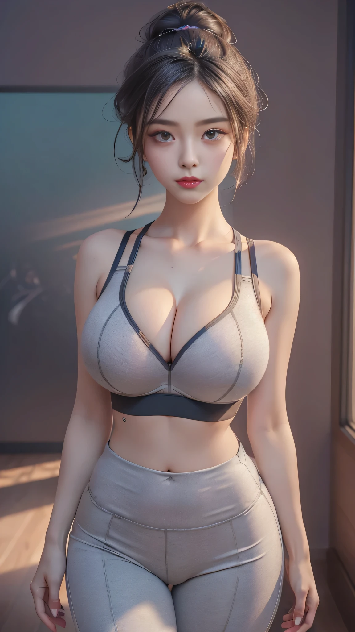 (1girll), ((Sports bra, Pants:1.3)), ((massive Breasts, spilled breasts, Rounded breasts:1.3)), ((Protruding cleavage breasts, large pelvic, Wide buttock, midriff, Narrow waist, curvy waist, coalescence:1.2)), ((Slim, Slimming the waist:1.3)), modern haircut, colour streaked hair, high light, ((Sweaty)), ((sexyposture:1.3)), ((Wide hips)),
Masterpiece, Best quality, Realistic, Ultra-high resolution, Depth of field, (Detailed face:1.2), (Detailed eyes:1.2), (Detailed background), (Masterpiece:1.2), (Ultra detailed), (Best quality), Intricate, comprehensive cinematic, Photography, (gradients), Colorful, Detailed landscape, visual key, Shiny skin,Full body photo，Long legs，Exquisite facial features