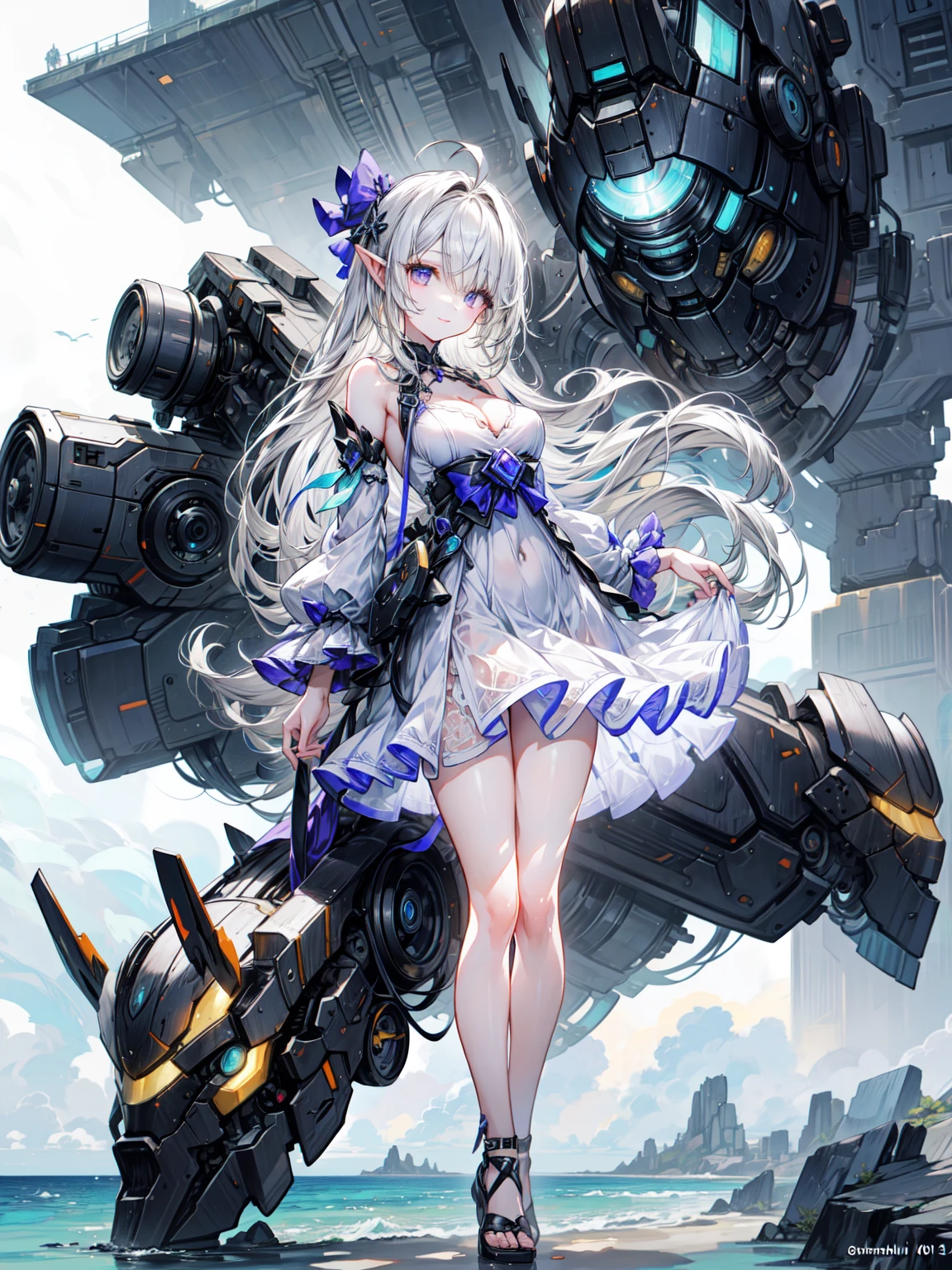 super high quality、8K quality、High resolution、Image quality captured with a single-lens reflex camera、(SFW)、Perfect Anatomy、(White dress theme）Beautiful Mecha Girl、Beautiful blonde 20 year old girl.Orange eyes、(Good shape、Normal chest、Cleavage)、3d, Realistic black machine parts、（Shoulders and legs are exposed:1.2）(Rear mechanical unit、The mechanism is concentrated on the back)、Blake、(Wear a simple white dress:1.4)(Mechanical parts below the elbows and knees:1.3)、Blake、（Perfect Anatomy:1.4）、Blake、(Remember、avert your eyes:1.3)A collapsing world(Between the cliff and the sea:1.3)、Blake、非常にdetailed (Dark Elf), (1 Girl), alone, Perfect Face, detailed, Ahoge, ((Long Hair:1.2)), (Hair above one eye:1.3), [[Messy Hair]], Shiny blonde white hair, Purple eyes, Variegated eyes, Colorful Hair, Shining Eyes, Bright Eyes, Face imprint, (eyelash, eye shadow, pink eye shadow), smile, Design Art：Haruhiko Mikimoto, by Kawashi, By Yoshitaka Amano,break、 ((Perfect Anatomy)), Nice body, Big Breasts、(非常にdetailed指), Best Hand, Perfect Face,(Perfect Fingers), Correct Anatomy,
