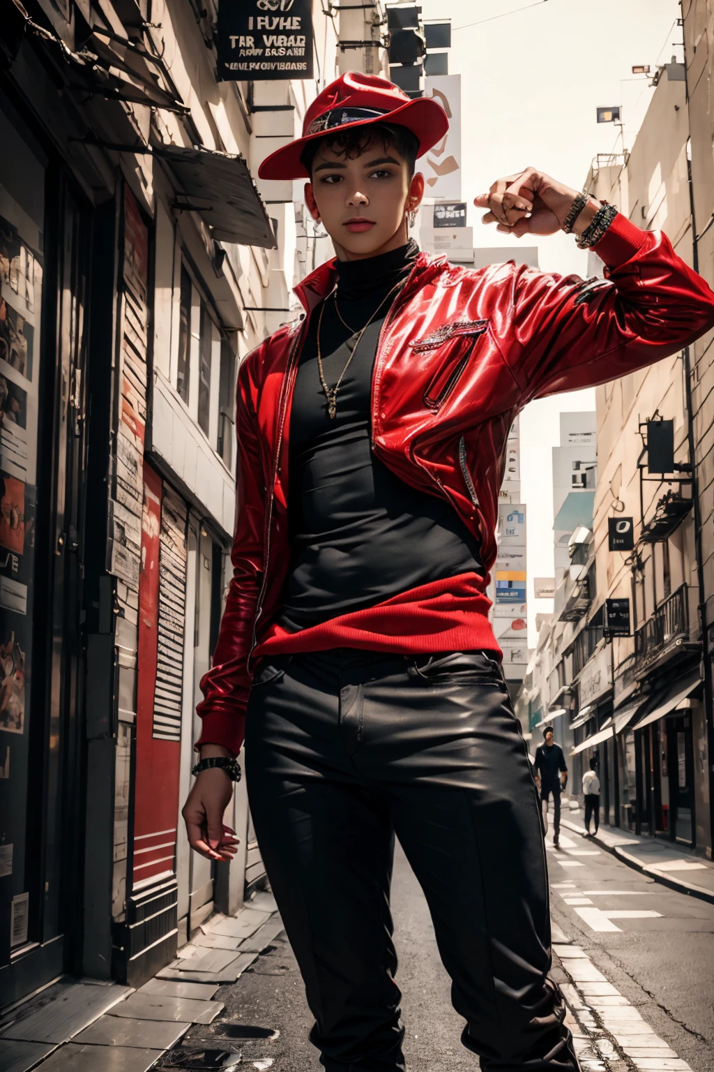 plano general, whole body, ((1 handsome young man, elegant, sensual:1.6)), (high resolution:1.2),ultra detailed, realist, sharp focus,showy,4k,8k, HD. Masterpiece, hiper realist, hyper detailed,With red hat, red camouflage, red sweatshirt, blue leggings, broad, by rubio, modern haircut:1.4, face mask, nasolabial , standing, half, (reality: 1.5), cyberpunk, Neon city, Neon, 3D, cgi, volumetric ray, white sclera, blue eyes,